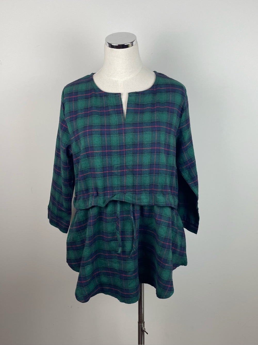 Green Navy Blue Red Plaid Long Sleeve Blouse Top Women Medium
